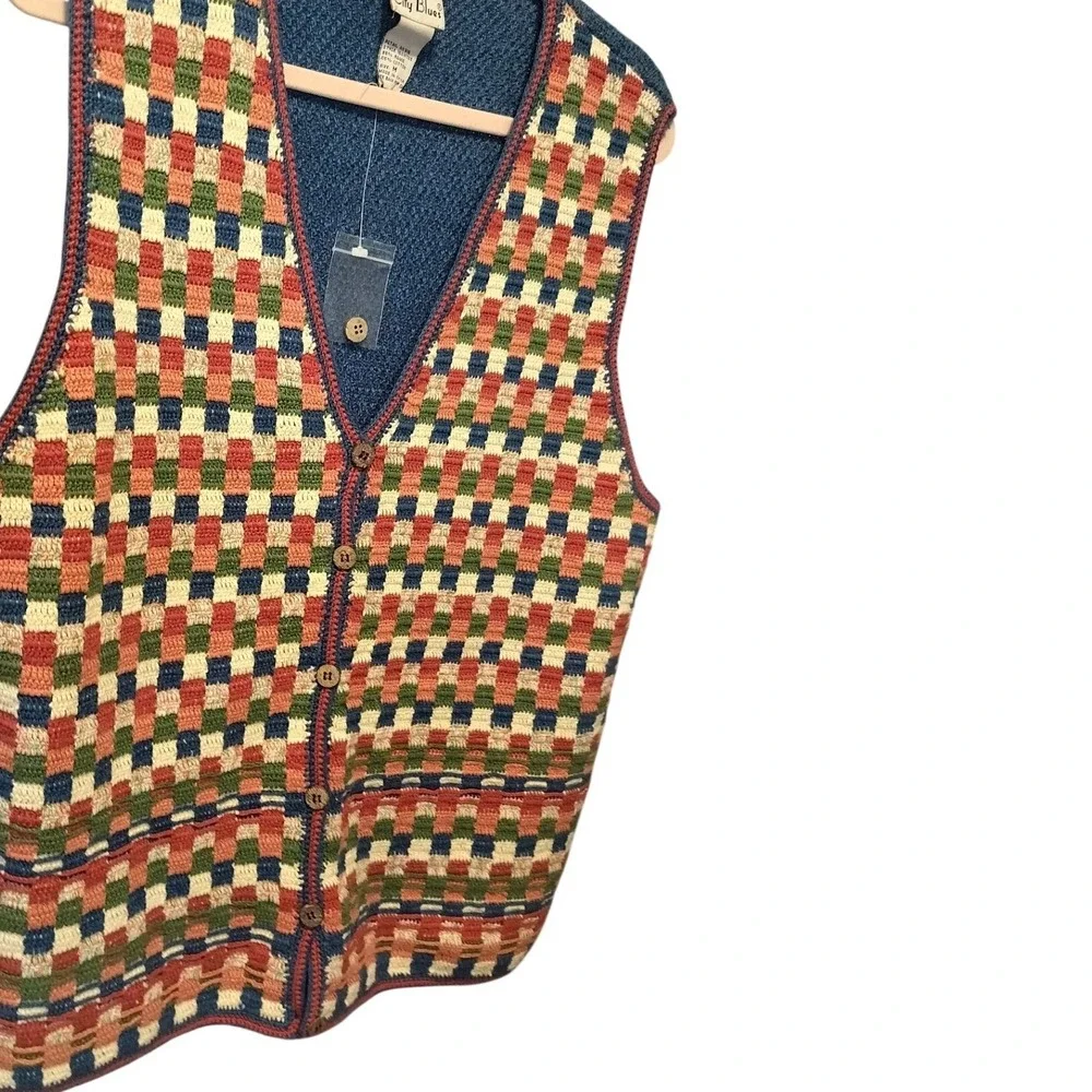 KORET City Blues Women's M Vintage Geometric Checkered Knit Button Up‎ Vest
